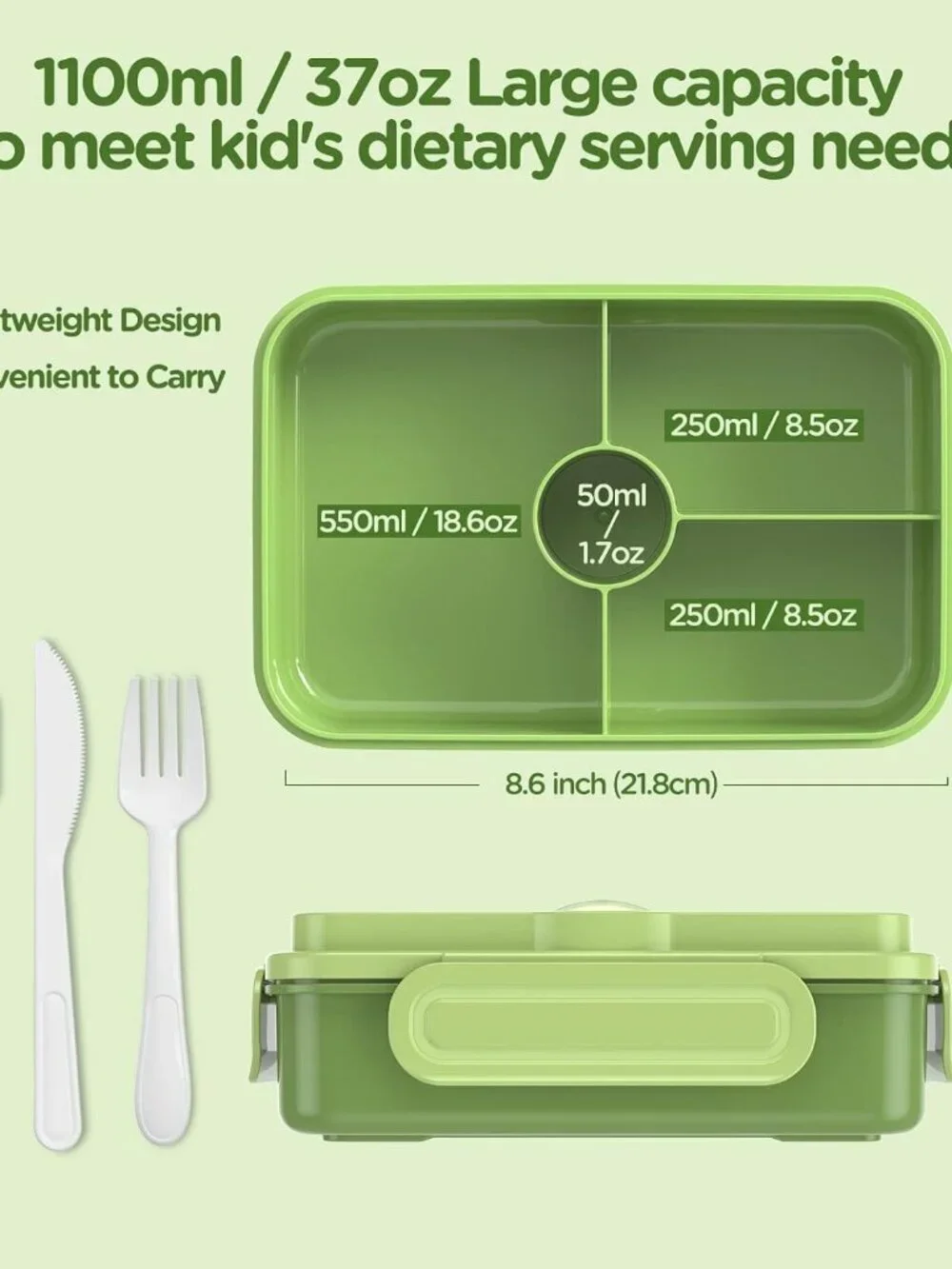 Bento Box Kids Lunch Box Leakproof 4 Compartment 1100ml Green w/ Utensils